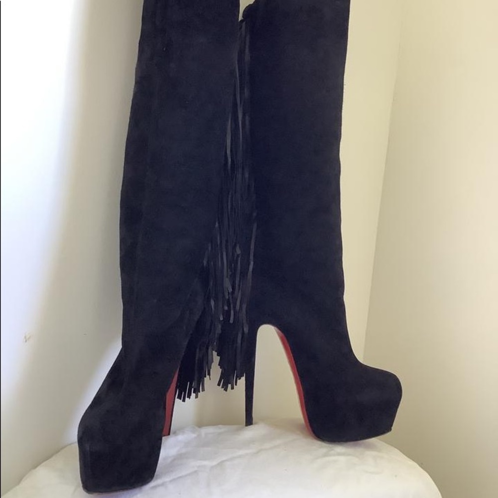Christian Louboutin black suede fringe boots